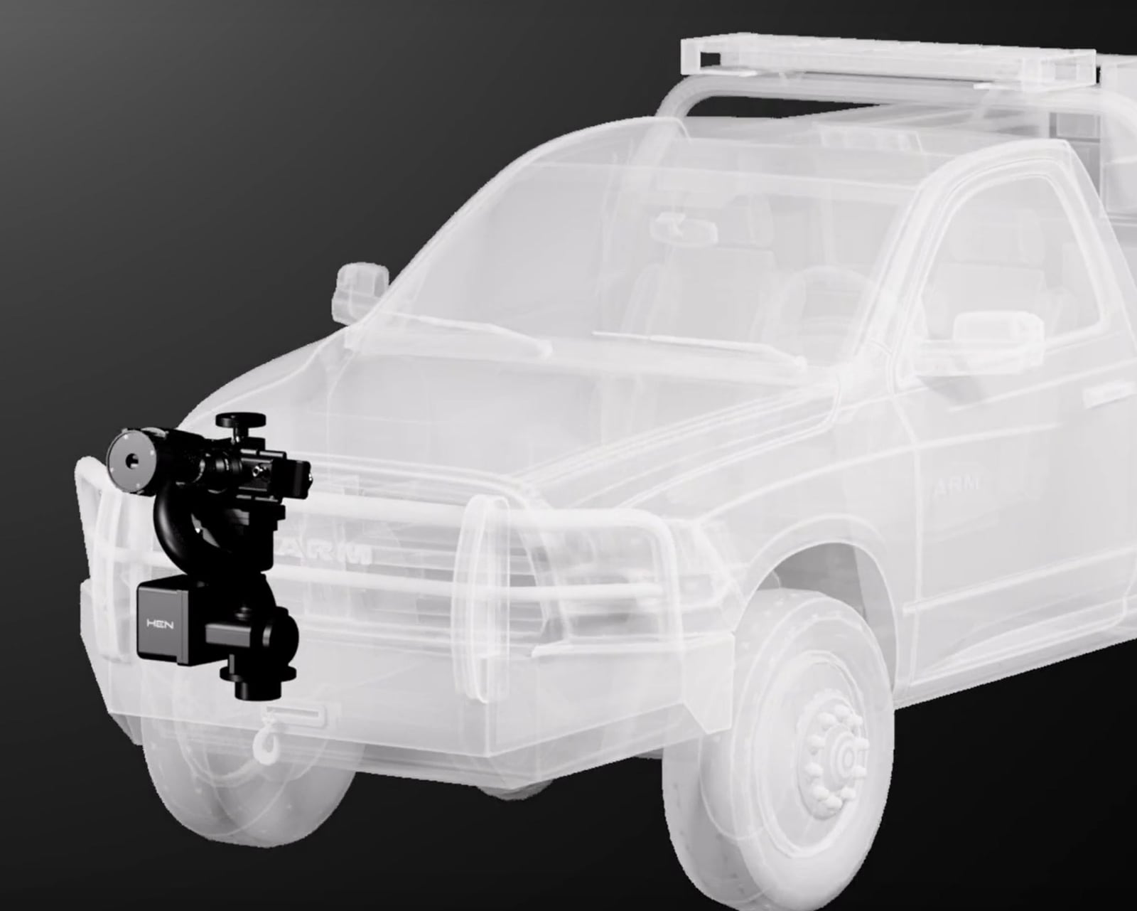 A robotic arm mounted on the front of the fire engine for spraying while driving