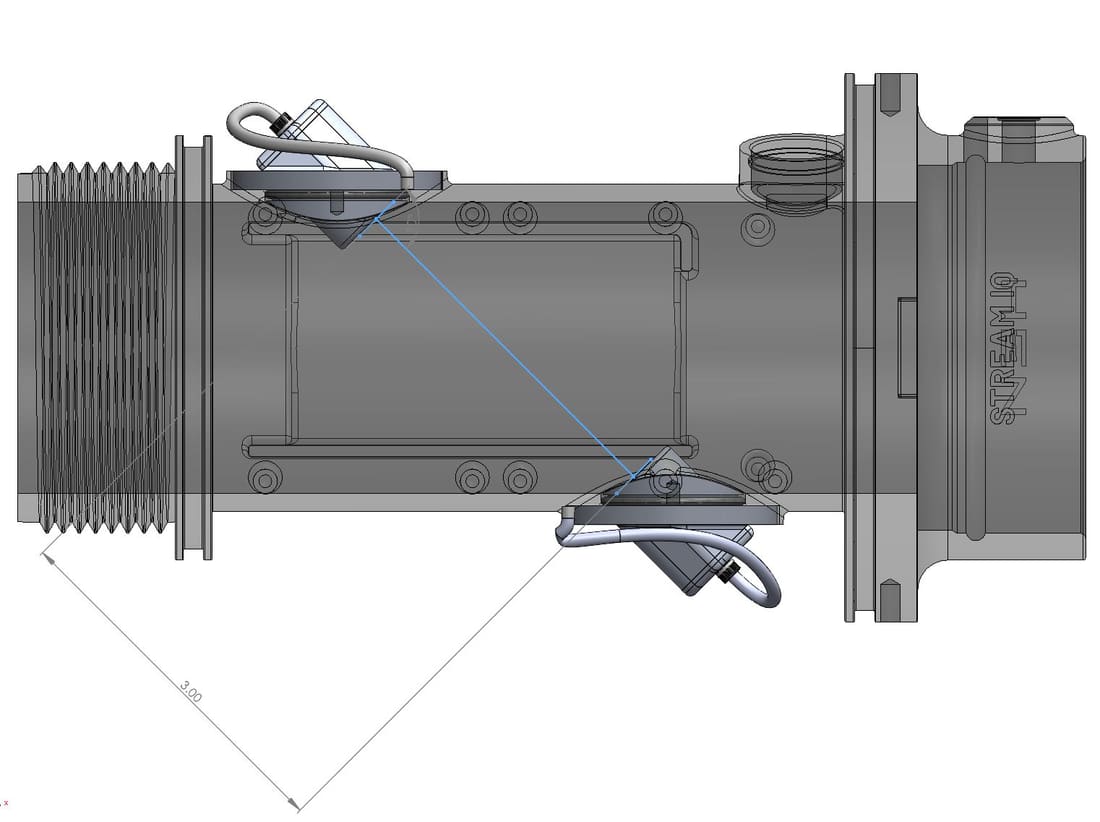 Cross-section — sensor pockets and the immersed waterpath.
