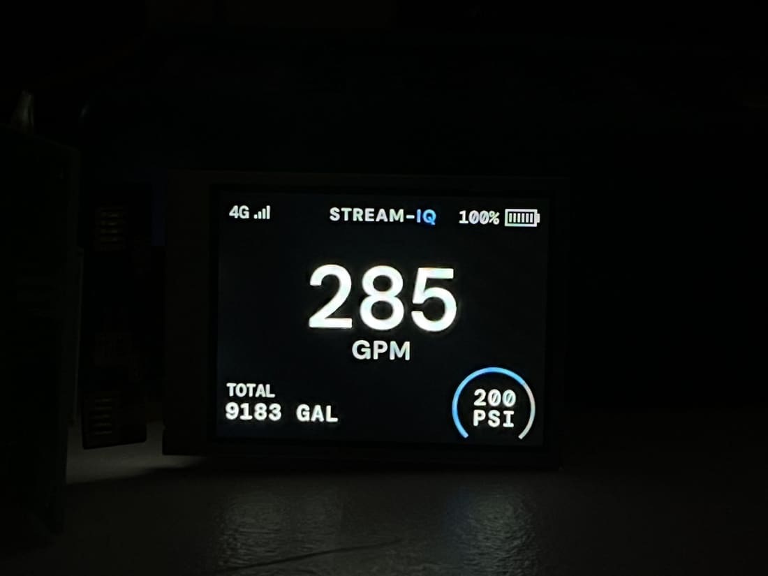 Sunlight-readable display — flow, total gallonage and pressure.