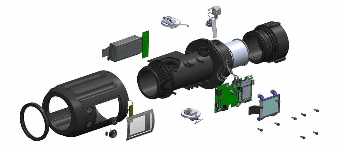 Exploded assembly — housing, board, waterway body and couplings.