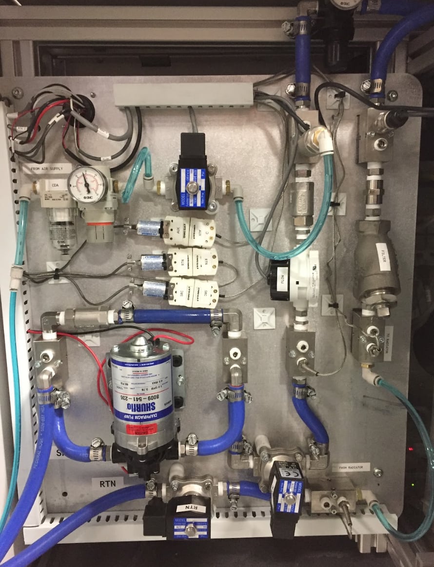 Fluids panel for self-contained liquid cooling for burn-in testing